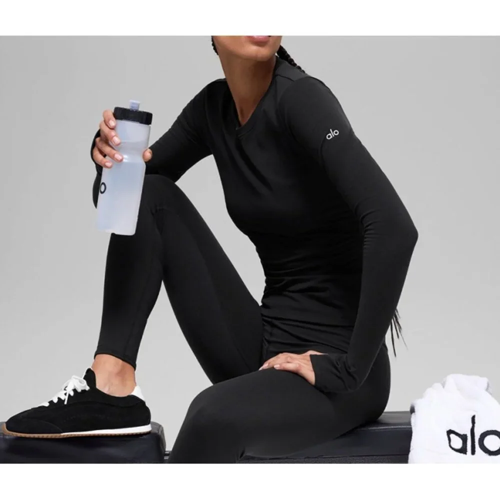 Alo Airbrush Winter Warm Nocturne Long Sleeve Black Brushed Fleece Fitted Top S